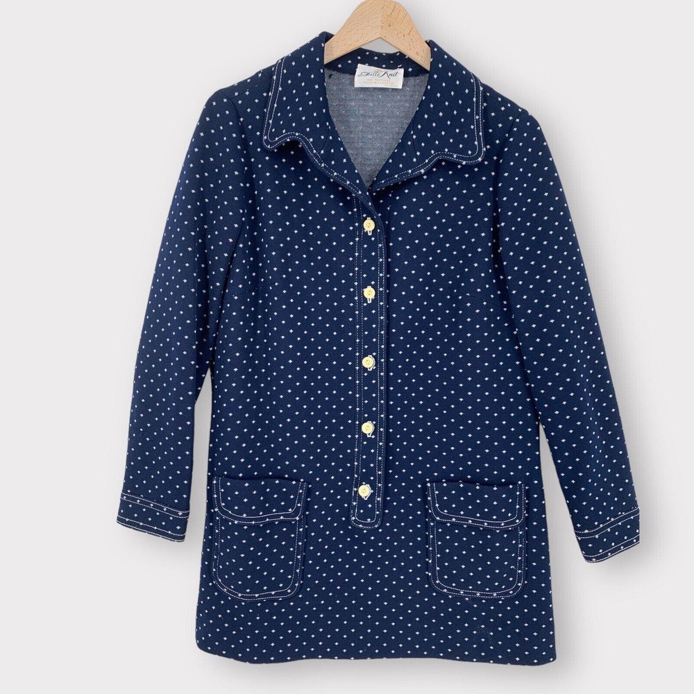 VTG Butte Knit Blue White Polka Dot Dacron Shirt Dress M